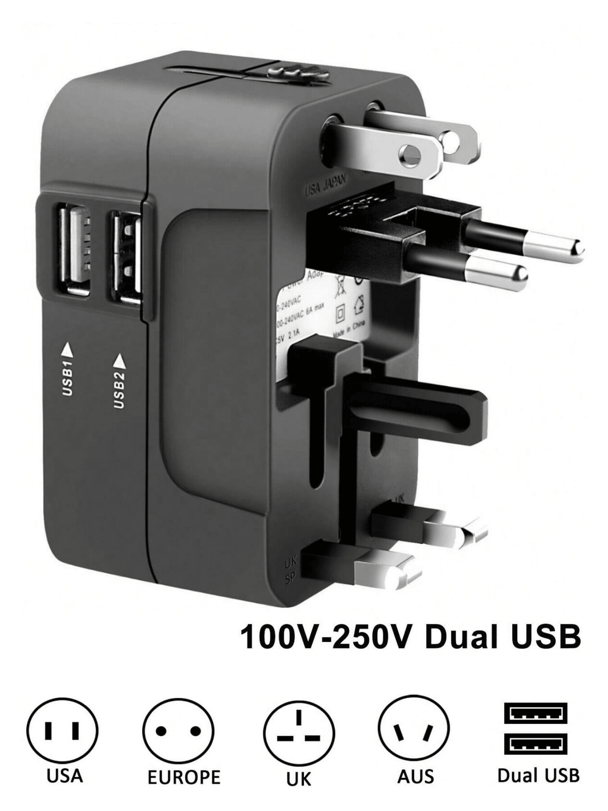 1pc Universal Travel Adapter With Dual USB Ports, 110V-240V Input, US/EU/UK/AU Plugs
