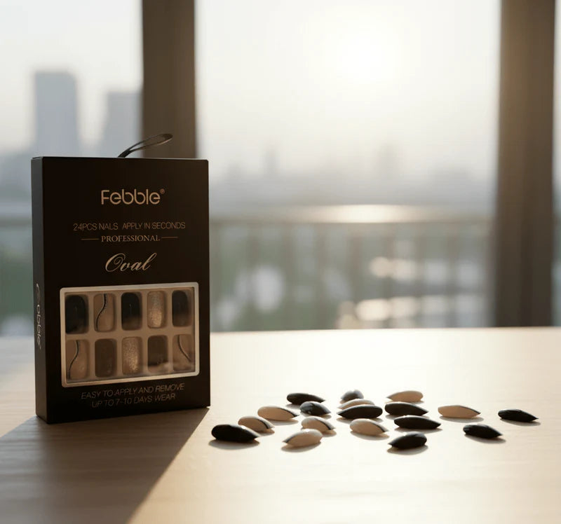 Febble - Elegant Black Nude Oval Nails